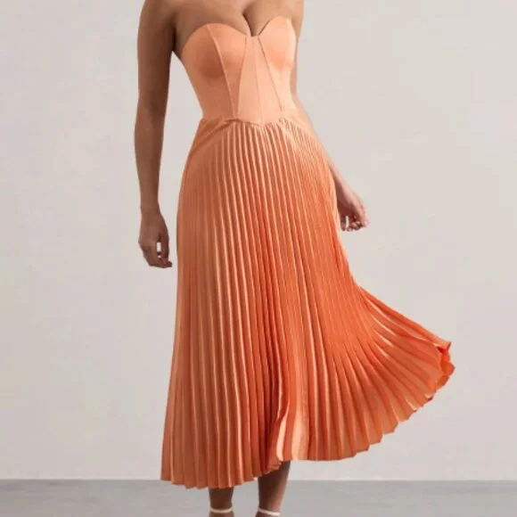 Peach Satin Corset Style Midi Dress - Picture 1 of 4